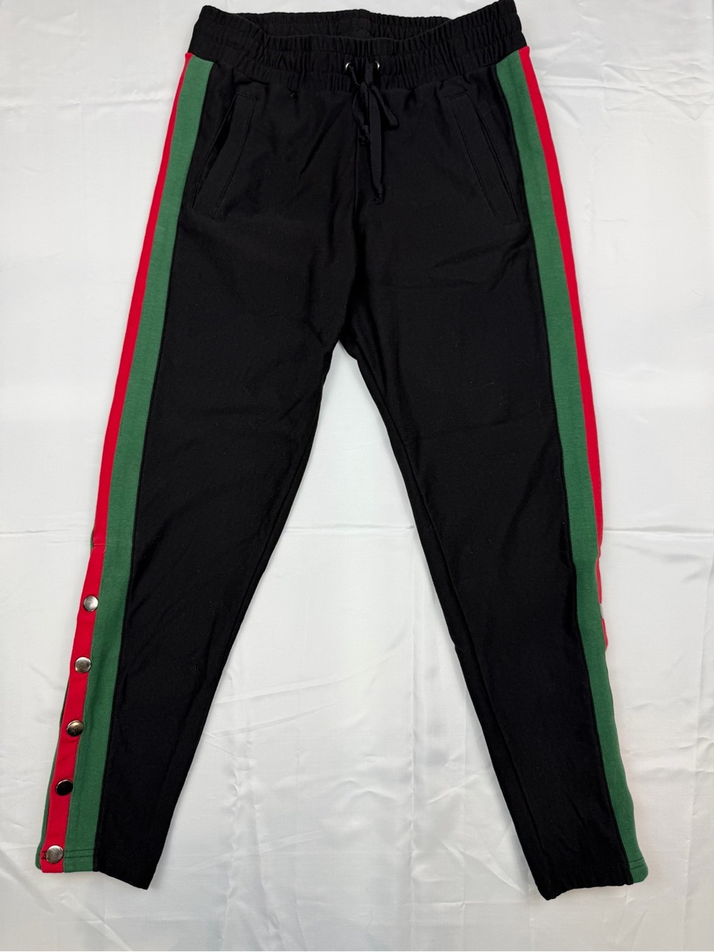 Plush Black Joggers with Red and Green Side Stripes